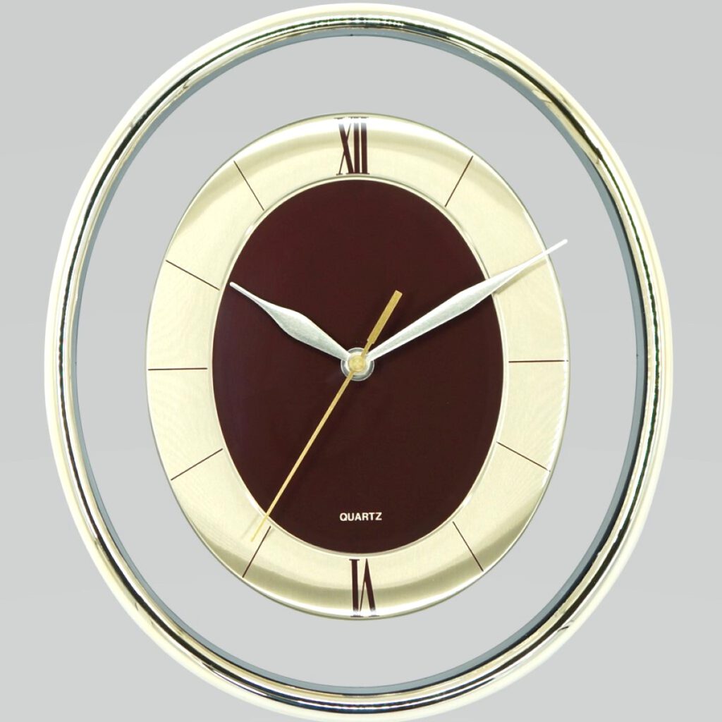 經典橢圓鍍金時鐘 棕金款 正面視圖 Classic Oval Gold-Plated Wall Clock – Brown & Gold