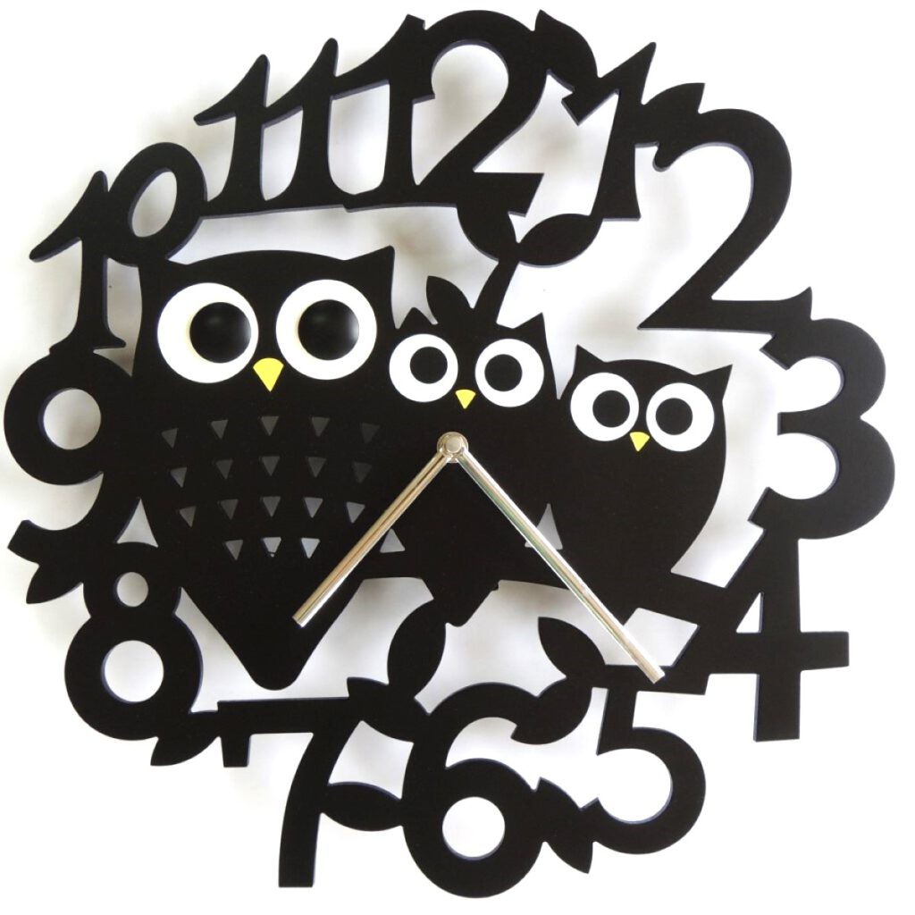 咕咕家族 木質掛鐘 三隻貓頭鷹 黑色 Owls Family Wooden Wall Clock Three Owls black
